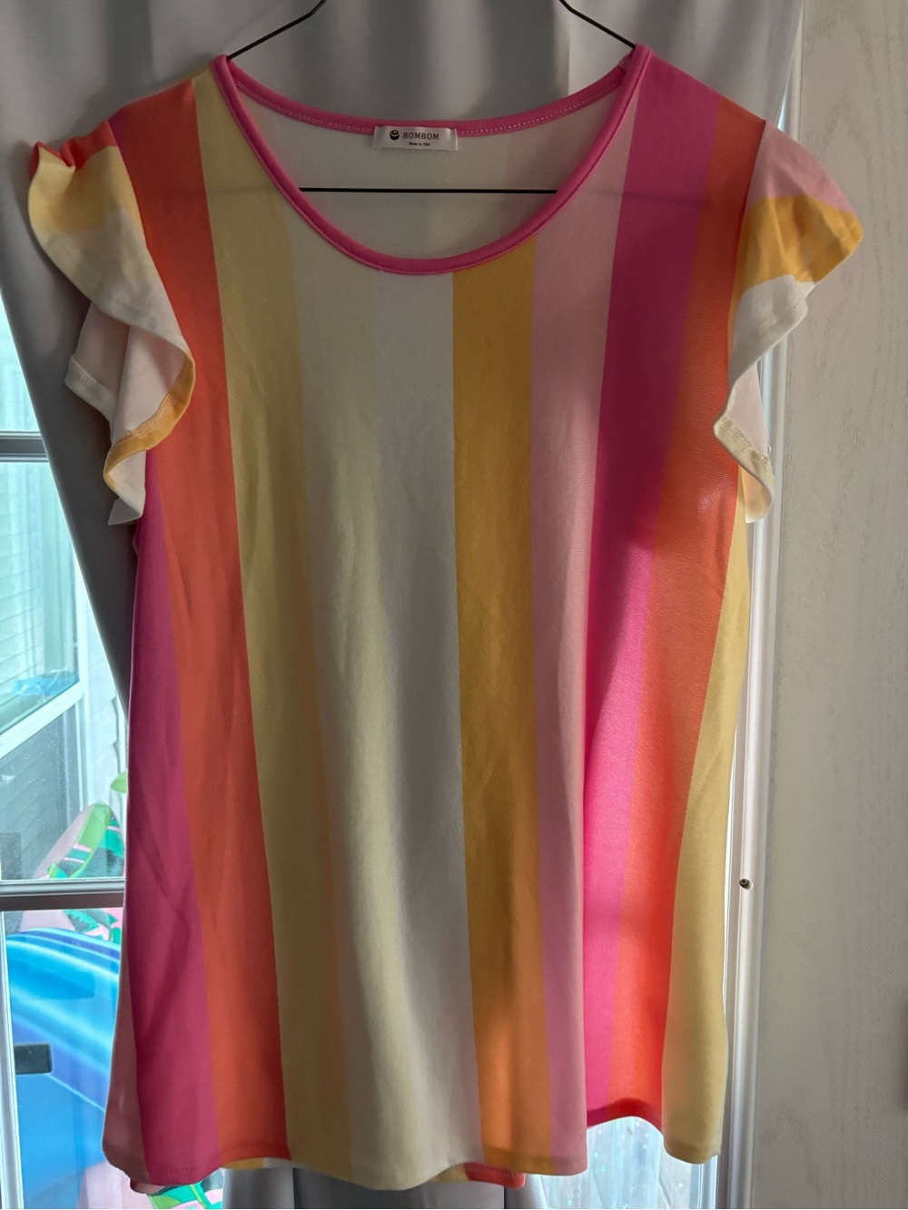 Striped Ruffle Sleeve Tank Top - Pink/Yellow - BONMOM